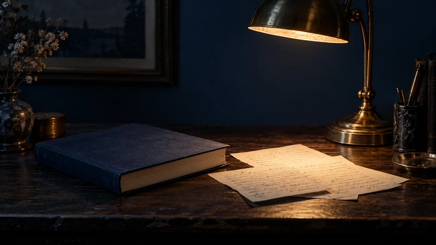 An open notebook, closed book and brass reading lamp